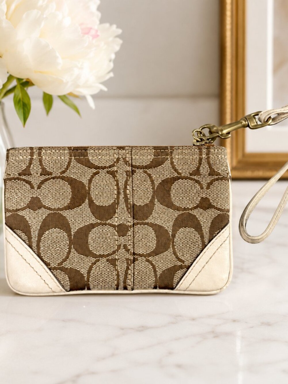 Coach Vintage Signature Wristlet Brown Beige Monogram Y2K